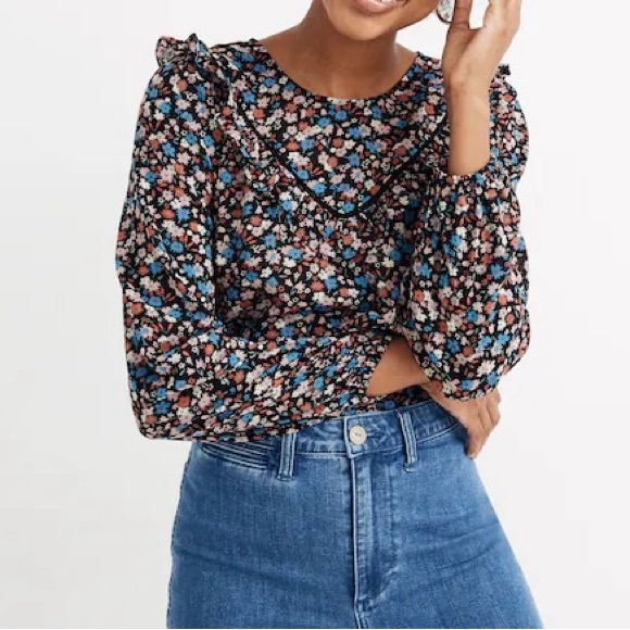 Madewell Tops - Madewell Pink and Blue Floral Women’s Cotton Top with Ruffles - Size Large